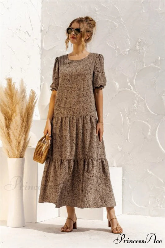 Polka Dot Plaid Print Robe Maxi Dress Khaki Dot / S