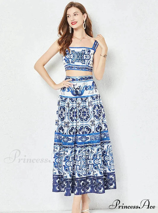 Porcelain Printed Top and Pleated Skirt Set