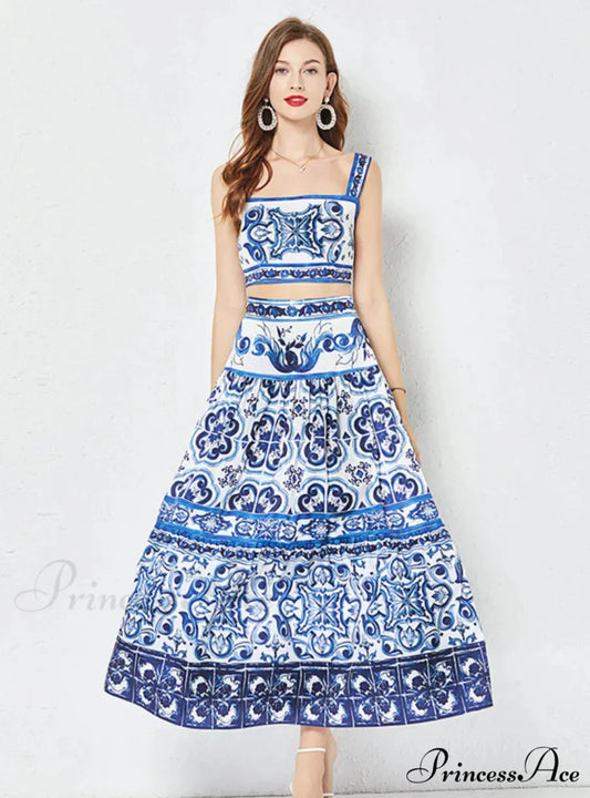 Porcelain Printed Top and Pleated Skirt Set
