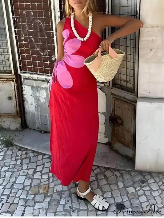 Positioned Floral Print Charming Off-Shoulder Midi Dress Red / S