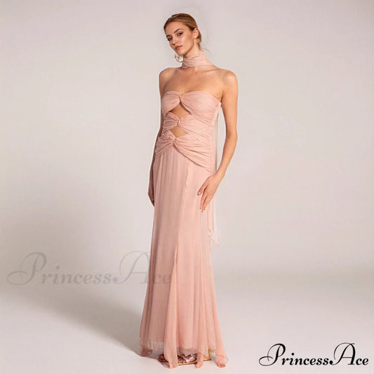 Premature Autumn Fish Tail Hollow Chiffon Prom Dress pale pinkish pink / XS promdress-250223
