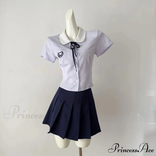 Preppy Style Short Sleeve Pleated Skirt Japanese Kawaii Summer Suit