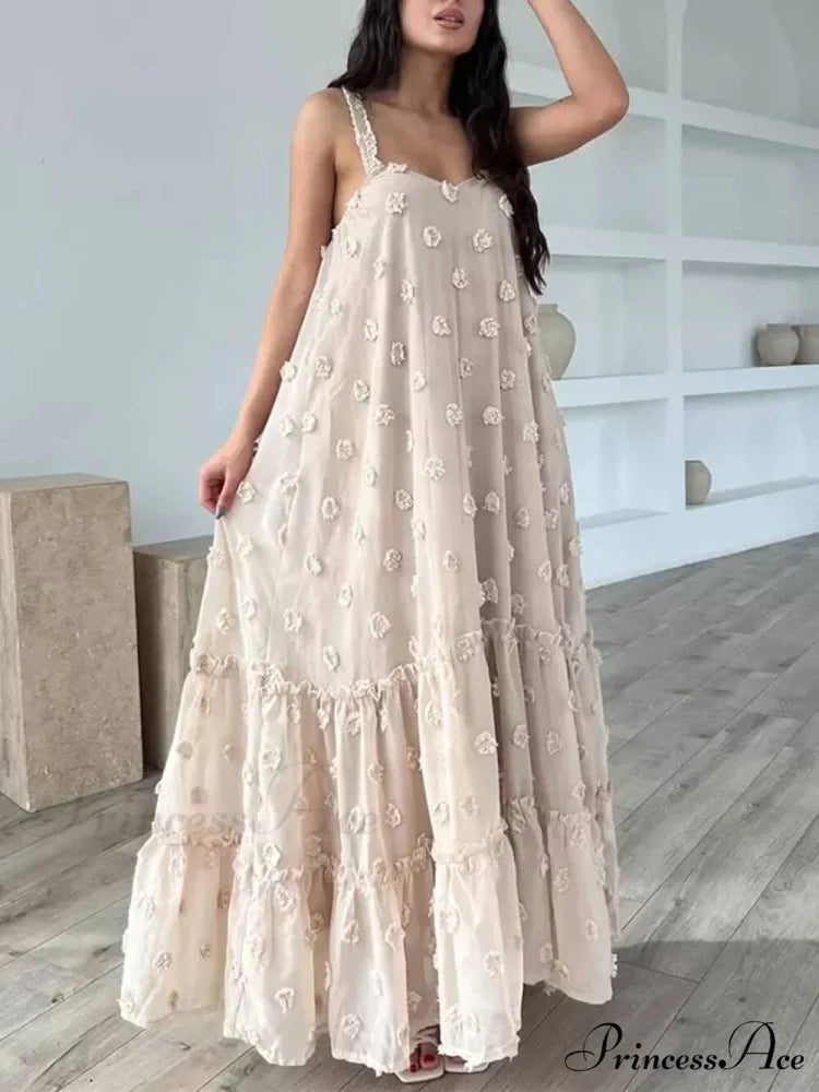 Pretty Flower Decor A-Line Graceful Layered Loose Maxi Dress Apricot / S