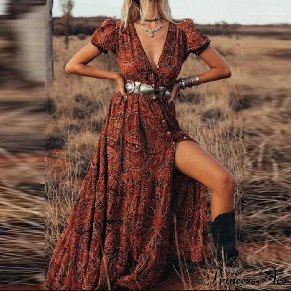 Print A-Line Boho Dress Brown no belt / S