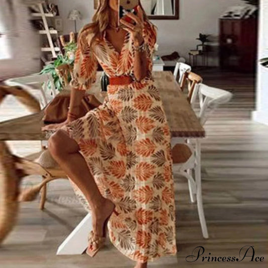 Print A-Line Boho Dress Orange / S
