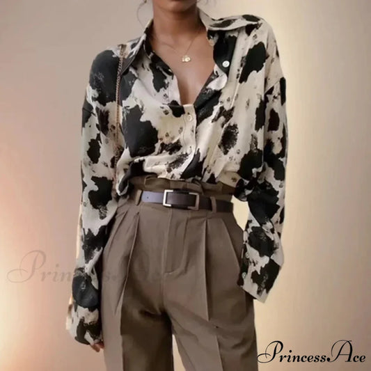 Print Button-up Informal Long Sleeve Blouse Black / S blouse-250126