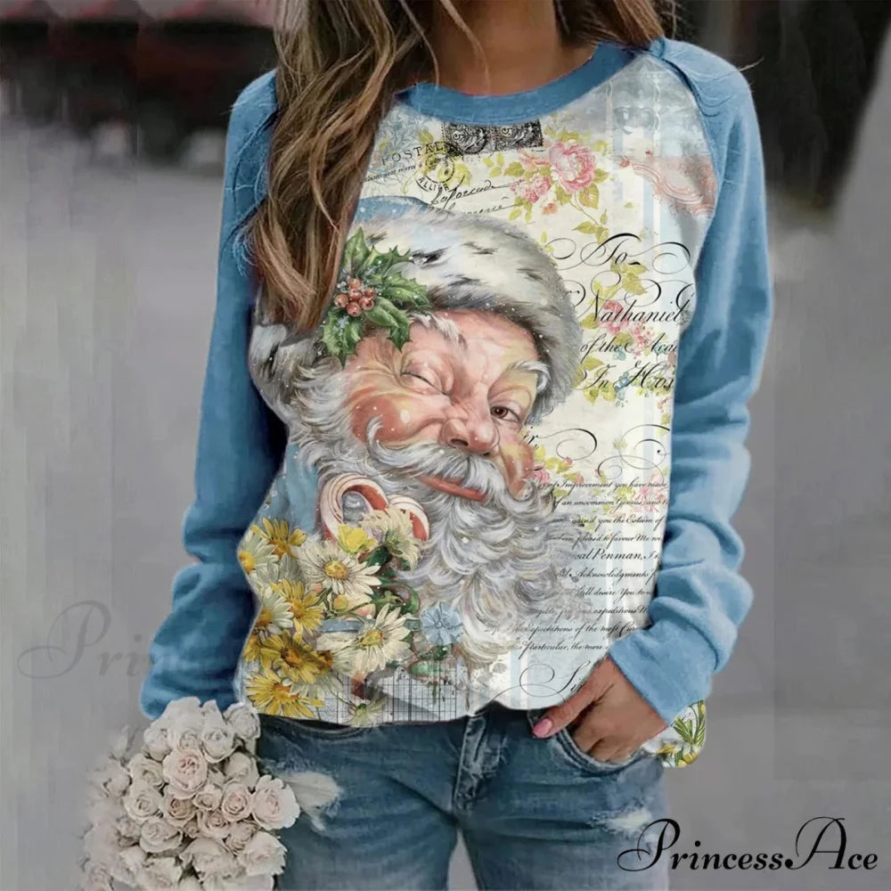 Print Crew Neck Soft Long Sleeve Casual Loose Y2K Winter Christmas Hoodie Blue-1 / S Christmas Hoodies-L