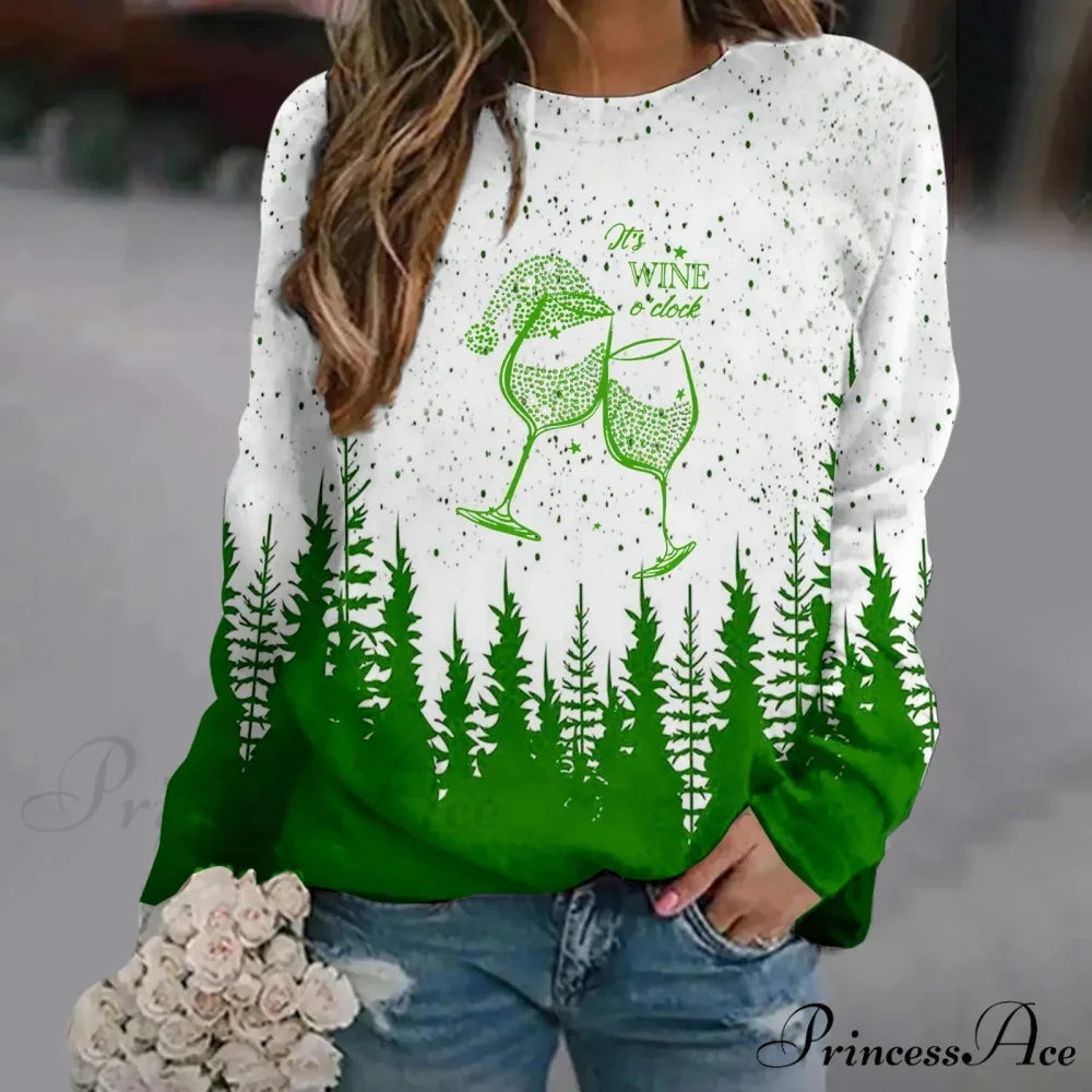 Print Crew Neck Soft Long Sleeve Casual Loose Y2K Winter Christmas Hoodie Green-1 / S Christmas Hoodies-L