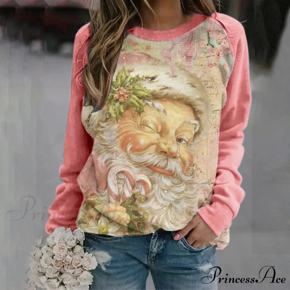 Print Crew Neck Soft Long Sleeve Casual Loose Y2K Winter Christmas Hoodie Pink-2 / S Christmas Hoodies-L