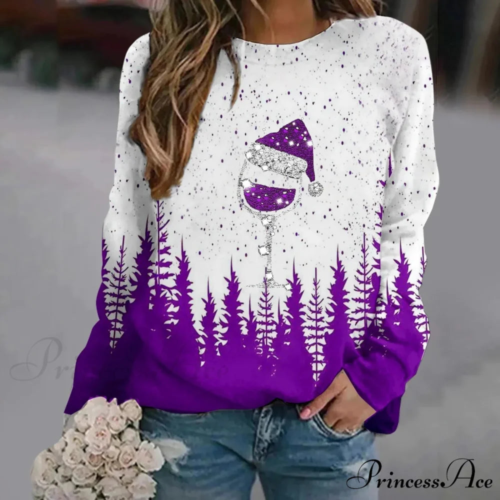 Print Crew Neck Soft Long Sleeve Casual Loose Y2K Winter Christmas Hoodie Purple-1 / S Christmas Hoodies-L