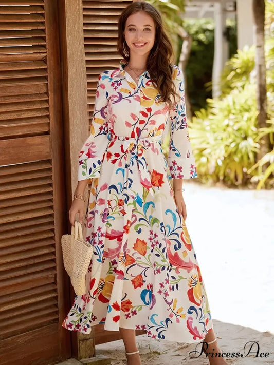 Print Dress with Long Sleeve V-neck and Belt Tie Waist