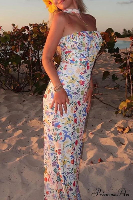 Print Halter Backless Dress in Multicolor White / S