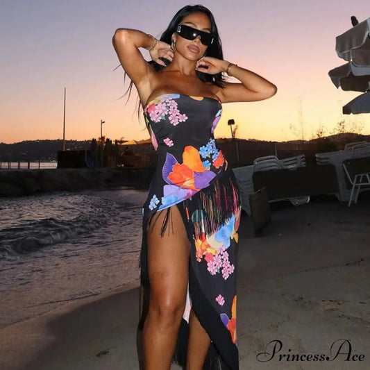 Print Off Shoulder Ruffle Strapless Backless Sleeveless SlimEvening Vestidos Floral Dress