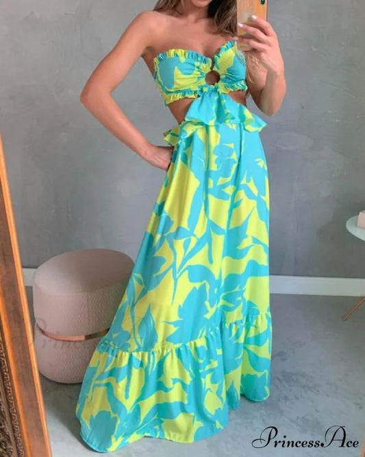 Print Strapless Backless Bandage Beach Dresses Green / S