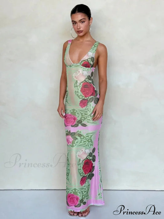 Print Thin Stylish Long Vacation Dress Green / S vacationdress-250223