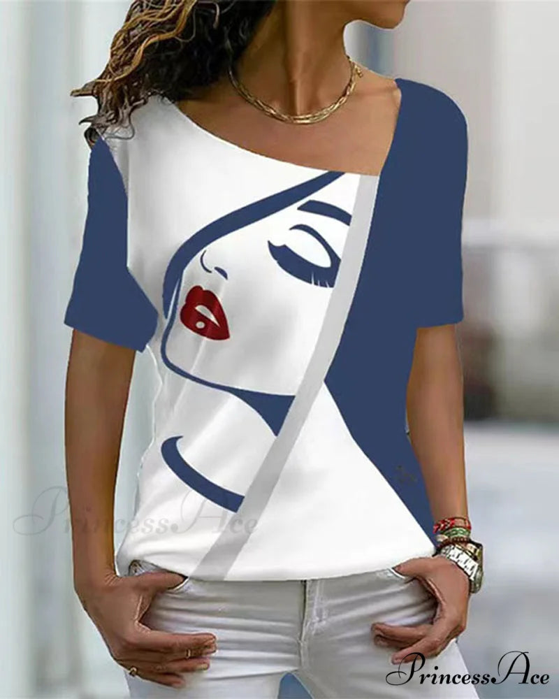 print V-neck face tee Blue / S