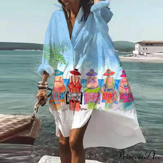 Print V-neck Long Sleeve Loose Dress 01 white style 3 / S