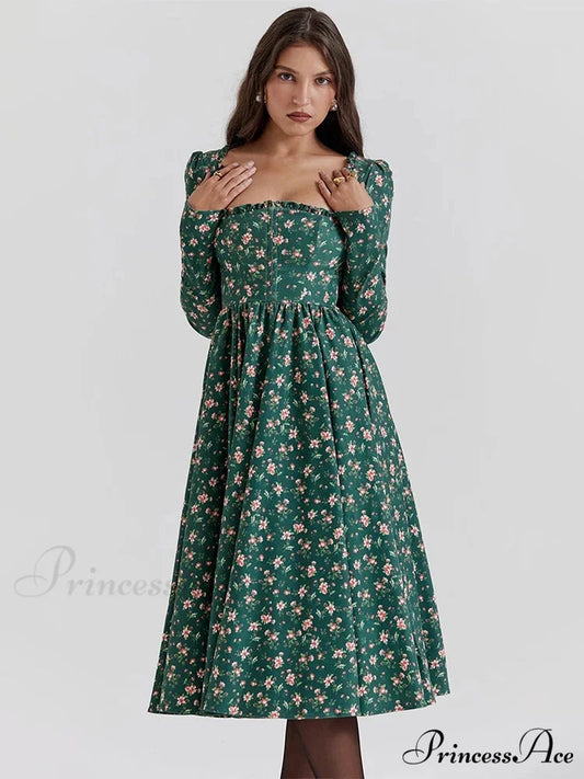 Printed Backless Square Neck Midi Flower Dress floraldress-250126