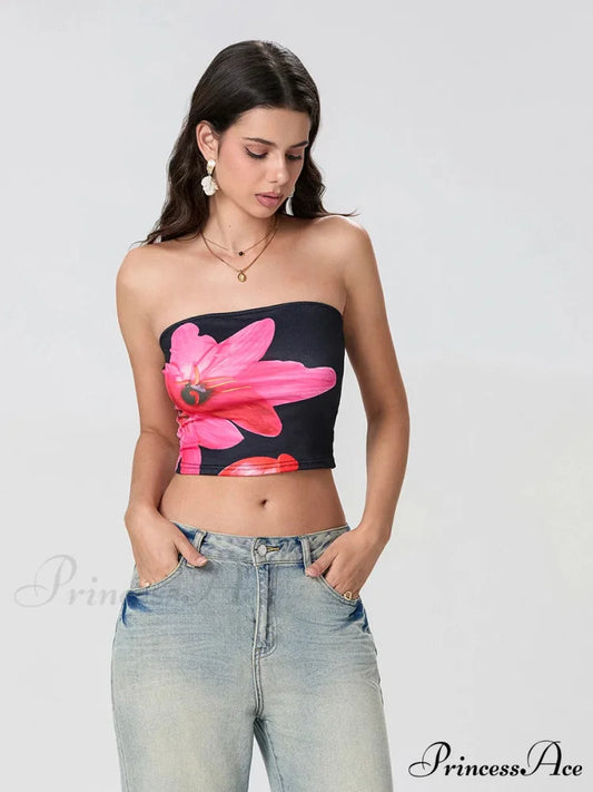 Printed Backless Strapless Cropped Tube Top Bandeau Black / S croptop-250126