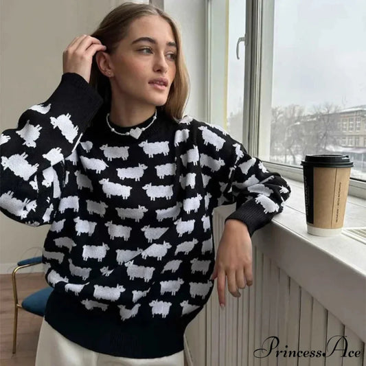 Printed Circular Neck Informal Extended Sleeve Jumper Black / S swraters-241228