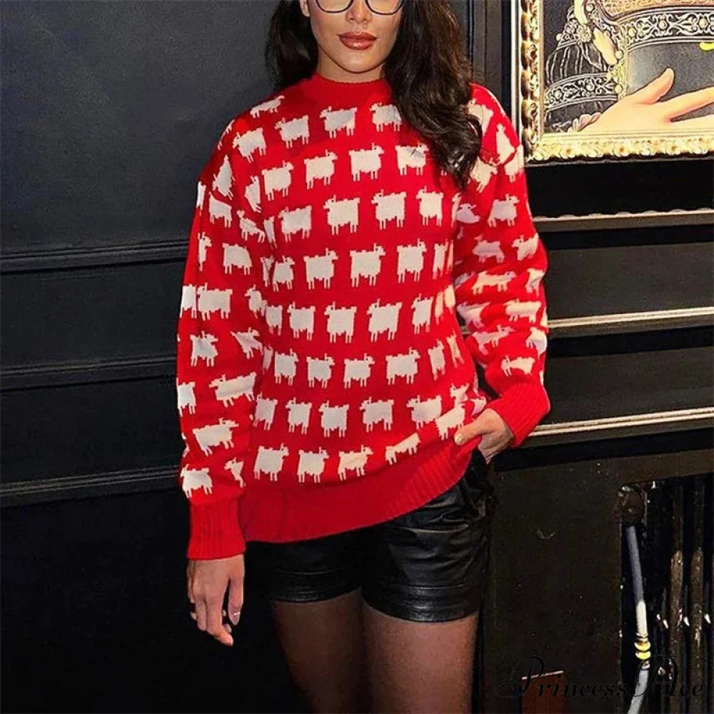 Printed Circular Neck Informal Extended Sleeve Jumper Red / S swraters-241228