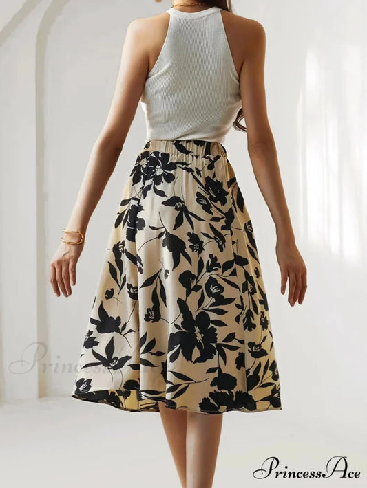 Printed Elastic Waist Below Knee A-Line Skirt skirt-250126