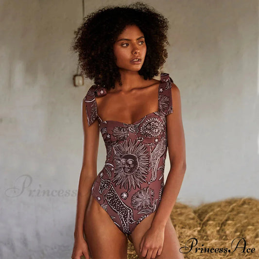 Printed Lace-Up Stylish One Piece Swimsuit Red / S onepiece-250223