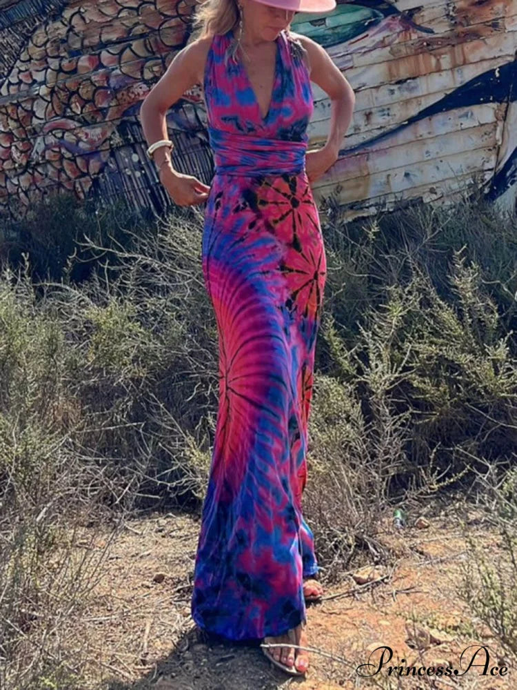 Printed Sleeveless Stylish V-Neck Maxi Dress Dark Blue / S