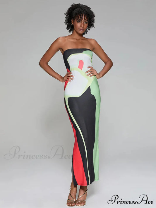 Printed Strapless Side Split Flower Dress Green / S floraldress-250126