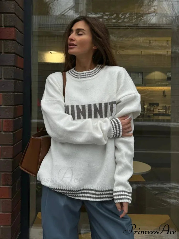 Printed Striped Cozy Stylish Loose Round Neck Comfortable Trendy Autumn Sweater