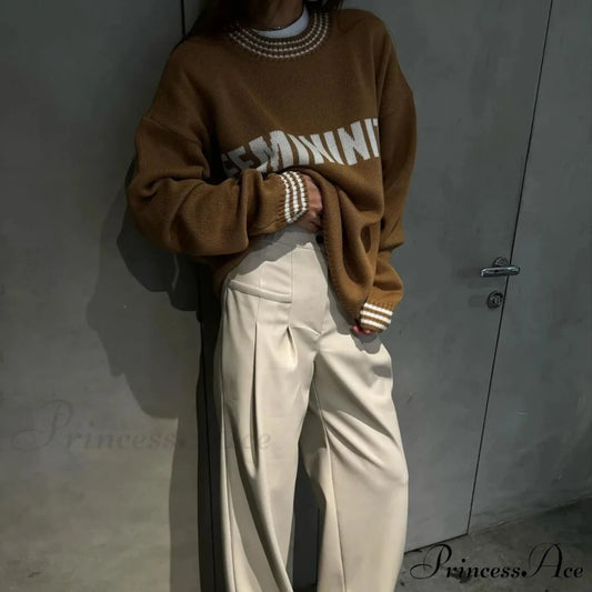 Printed Striped Cozy Stylish Loose Round Neck Comfortable Trendy Autumn Sweater BROWN / S