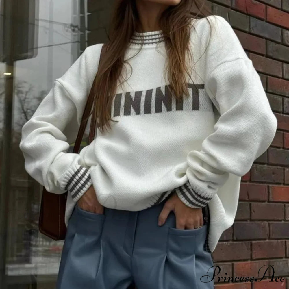 Printed Striped Cozy Stylish Loose Round Neck Comfortable Trendy Autumn Sweater White / S