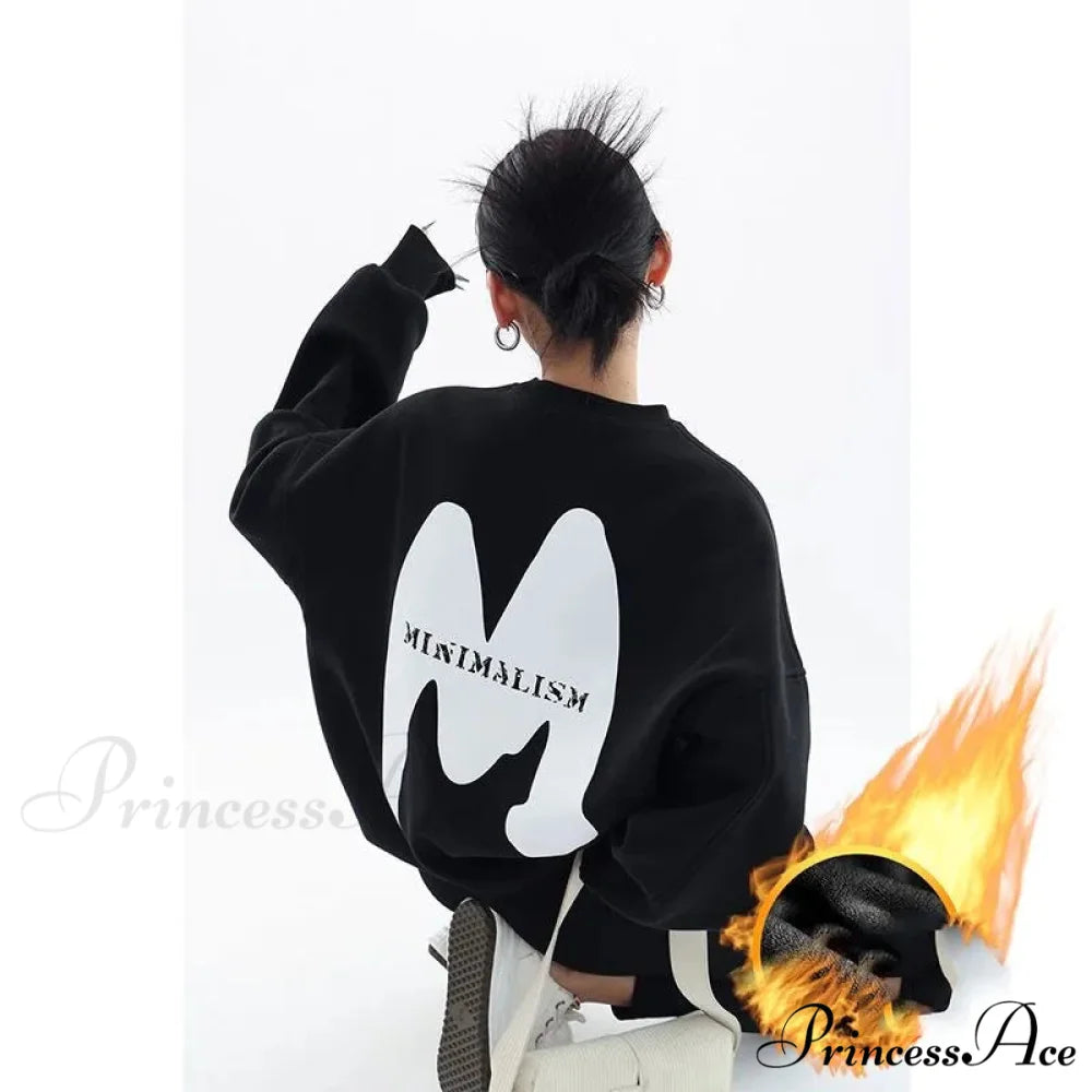 Printed Trendy Loose Casual Cozy Hoodie BLACK / M