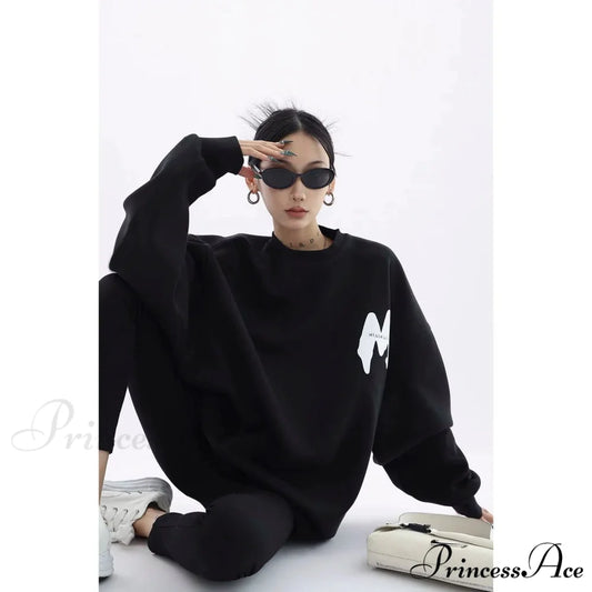 Printed Trendy Loose Casual Cozy Hoodie Black / M