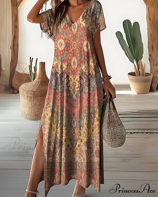 Printed V-neck dress with slit Yellow / S