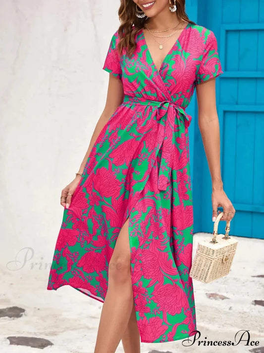 Printed V-neck Summer Dress Pink1 / S oldfloraldress-250126