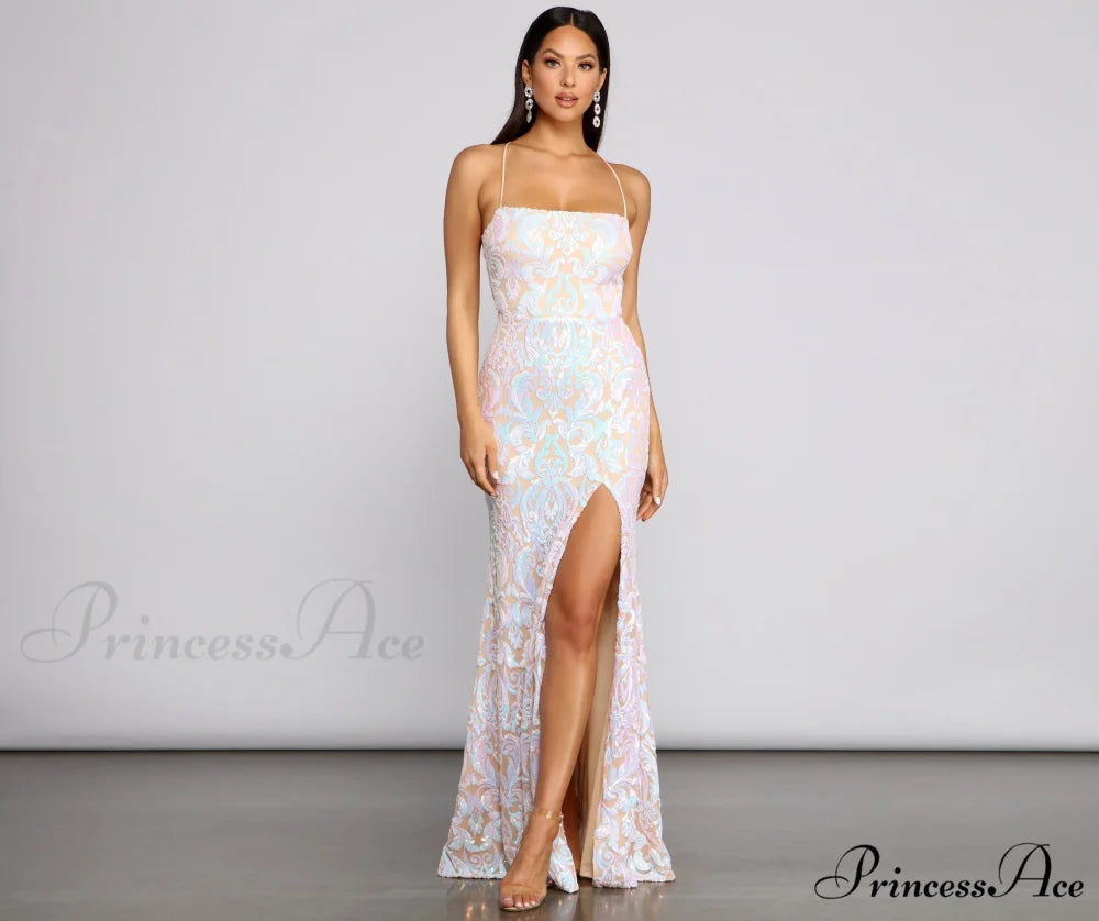 Priya Formal Iridescent Charming Sequin Scroll Dress WHITE / S