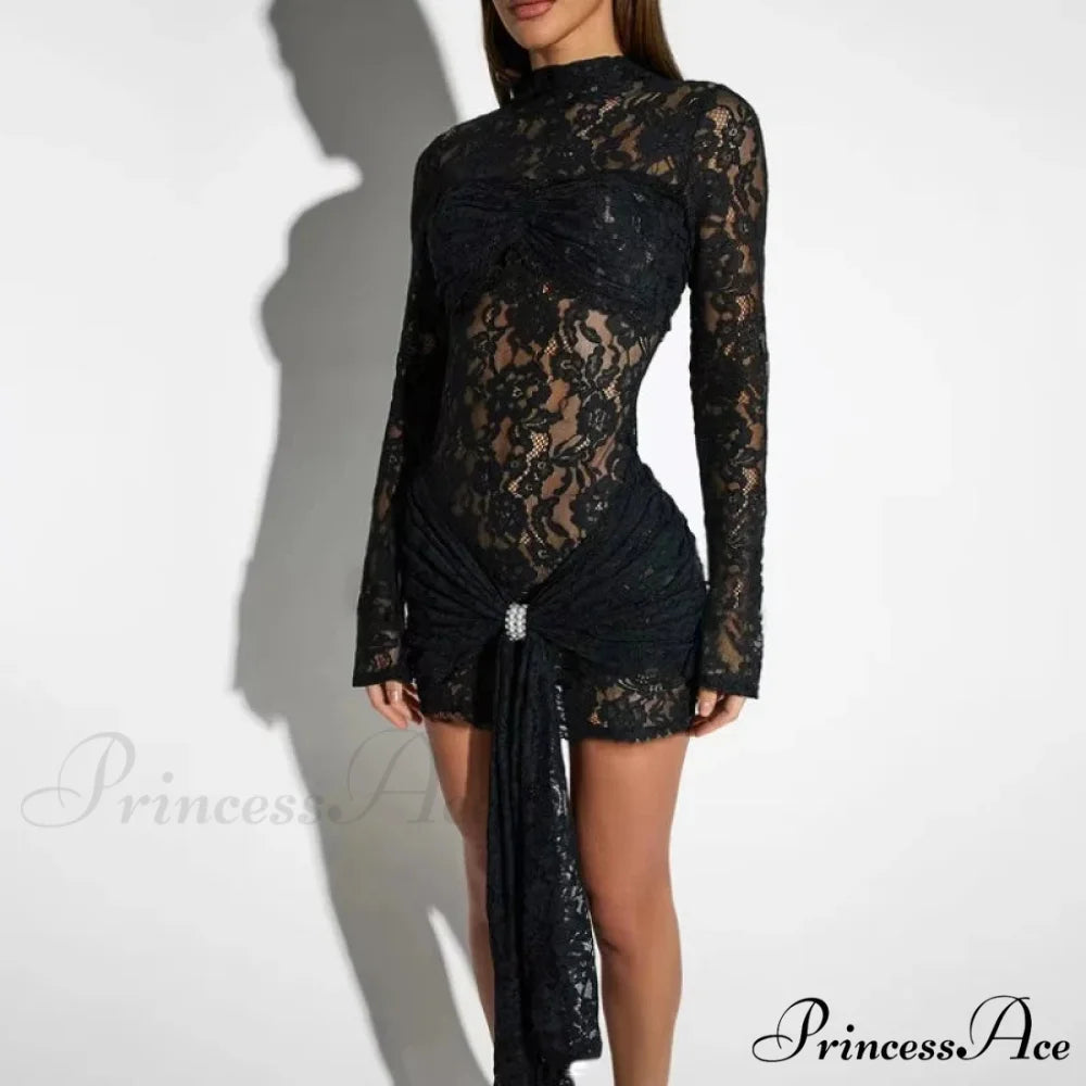 Prolonged-Sleeve Ruffled Envelop Mini Dress Black / S minidress-250223