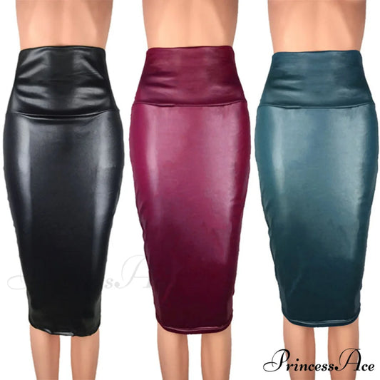 PU Leather Elegant Pencil Midi Skirts
