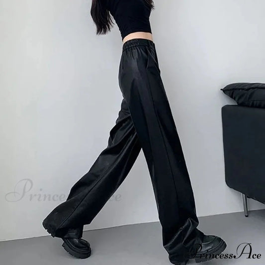PU Leather Personality Loose Straight-Leg Casual Spring Autumn Fashion Pants