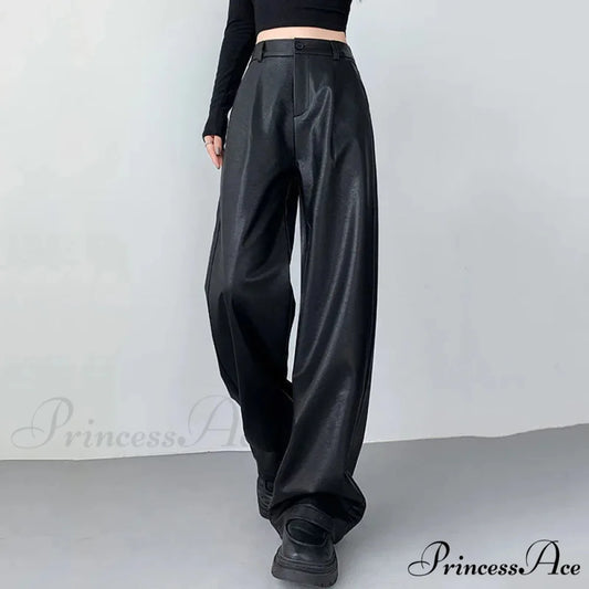 PU Leather Personality Loose Straight-Leg Casual Spring Autumn Fashion Pants Black / S