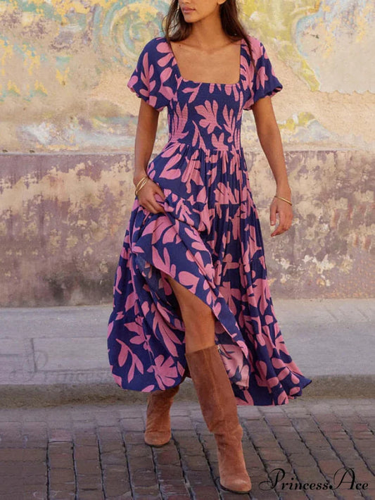 Puff Sleeve Square Charming Neck Printed Midi Dress Blue / S