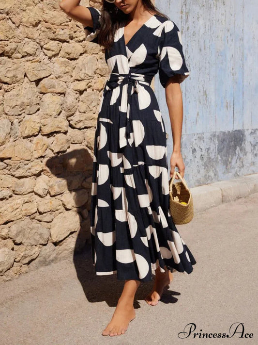 Puff Sleeve V-Neck Charming Geometric Print Midi Dress