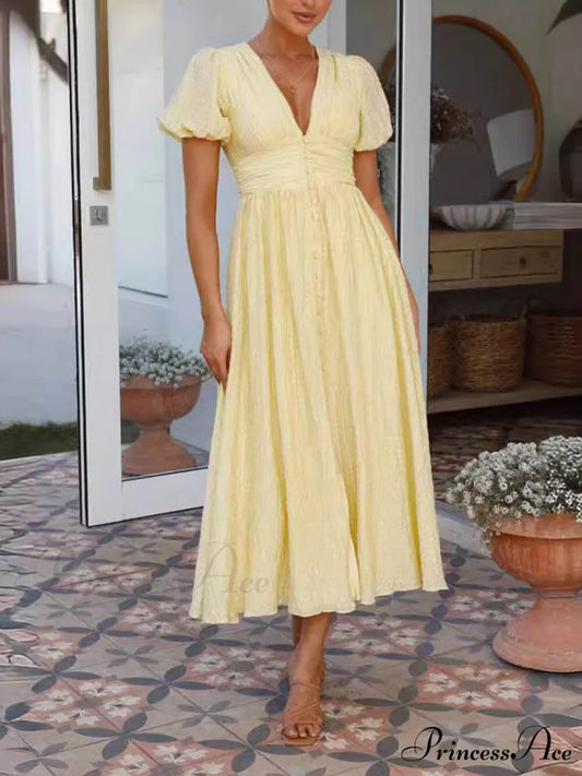 Puff Sleeve V-Neck Charming Long Oversized Hem Dress Yellow / S