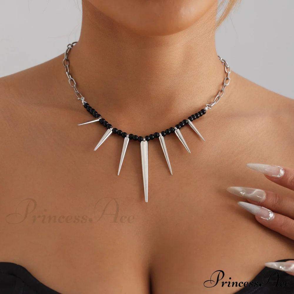Punk Chain Black Pearl Studded Necklace WHITE