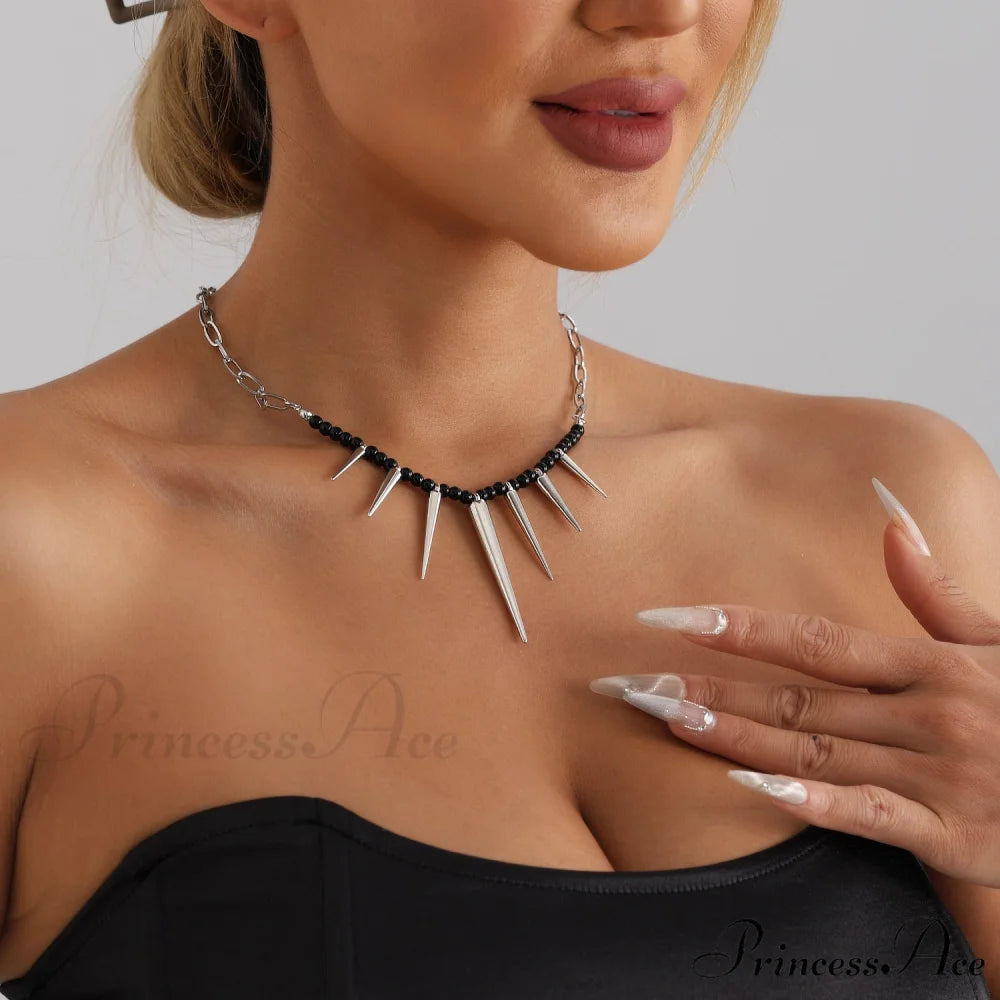 Punk Chain Black Pearl Studded Necklace WHITE
