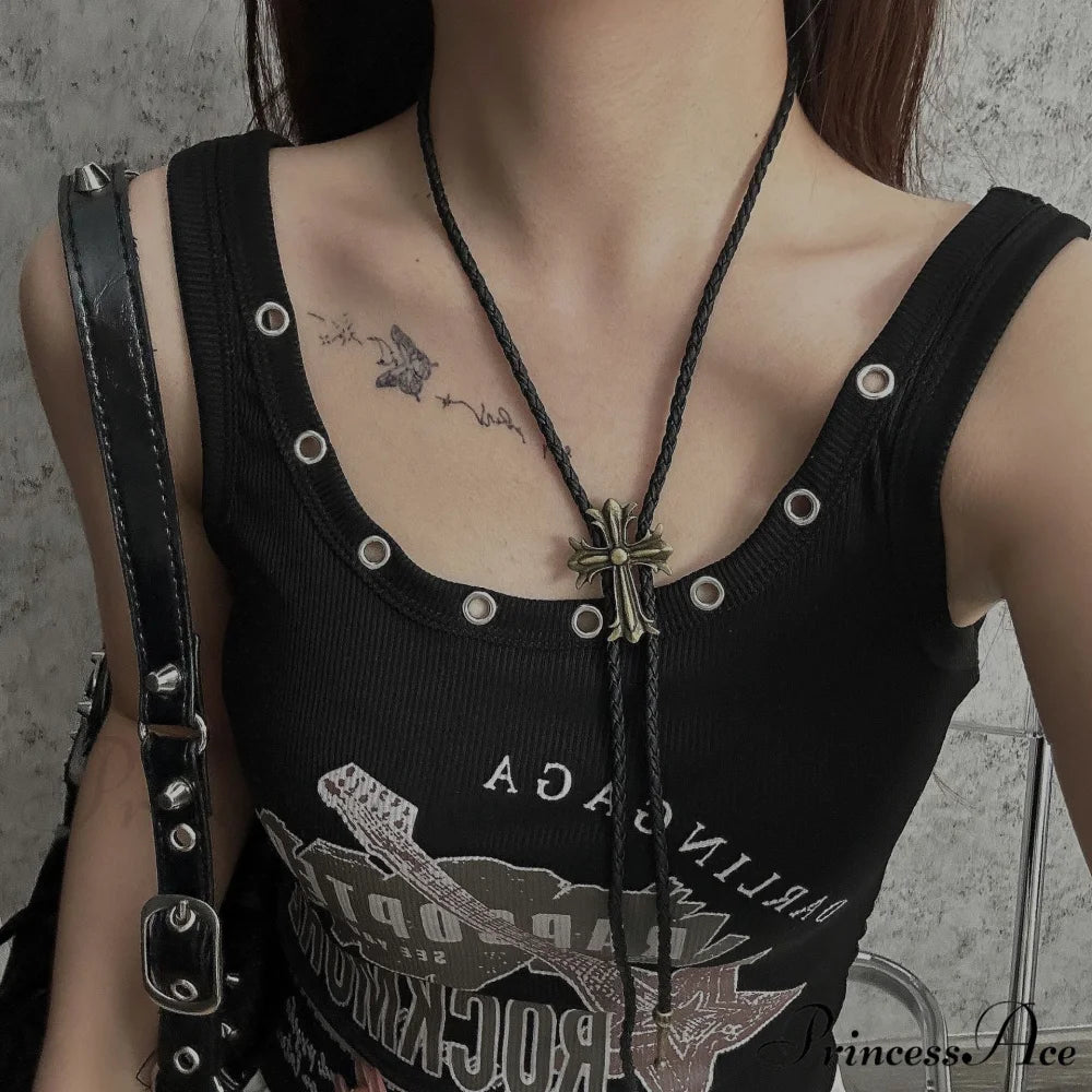 Punk Cross Black Rope Leather Woven Necklace GOLD