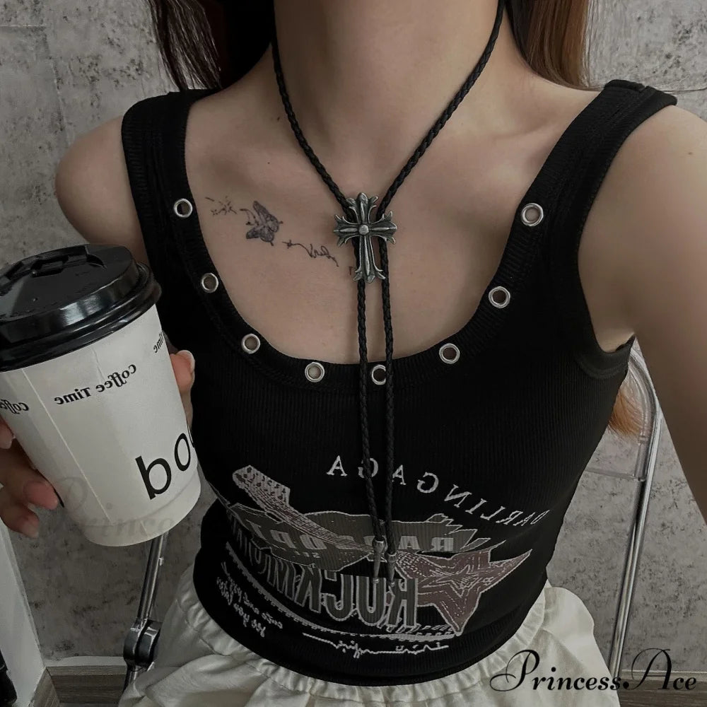 Punk Cross Black Rope Leather Woven Necklace SILVER