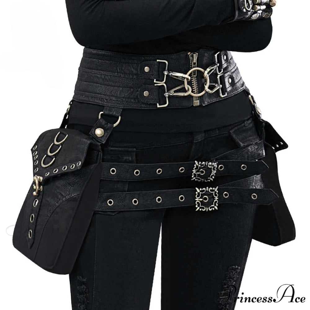 Punk Rivet Skull Retro Rock Gothic Hip Hop Rivet Leg Thigh Waist Bag Black
