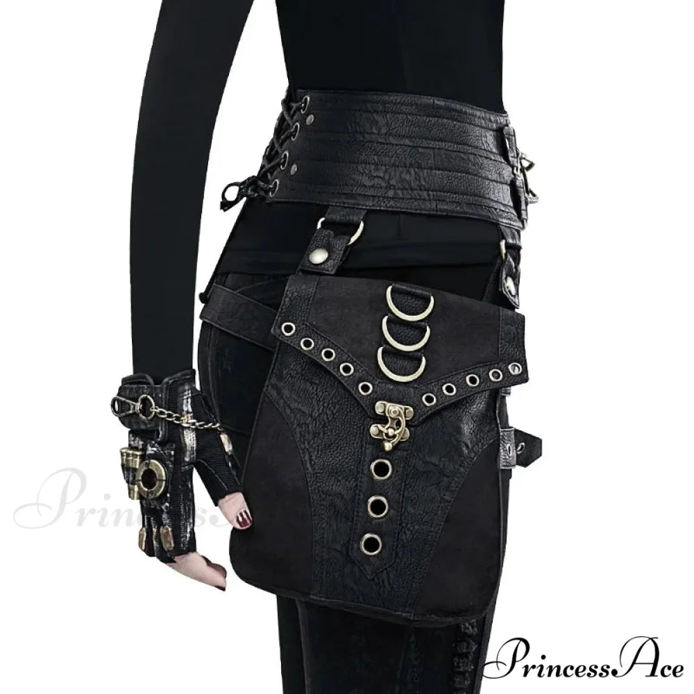 Punk Rivet Skull Retro Rock Gothic Hip Hop Rivet Leg Thigh Waist Bag Black